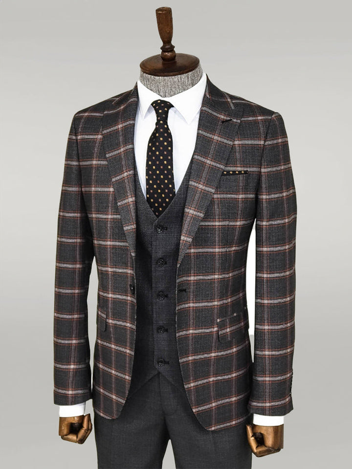 WSS Checked Patterned Black Slim Fit Suit  - Singen