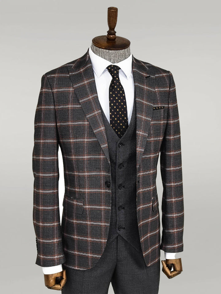 WSS Checked Patterned Black Slim Fit Suit  - Singen