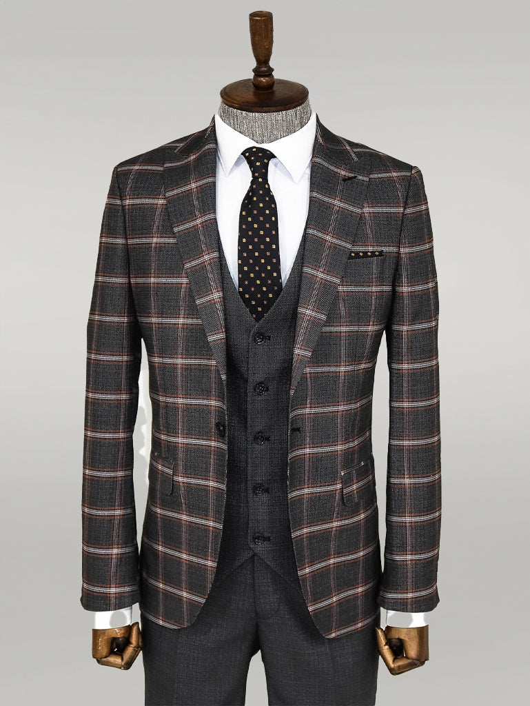 WSS Checked Patterned Black Slim Fit Suit  - Singen