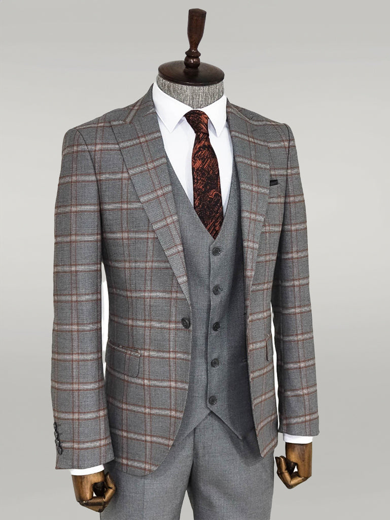 WSS Checked Patterned Grey Slim Fit Suit  - Singen