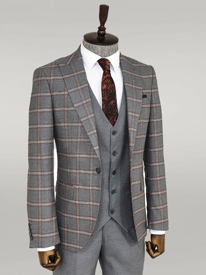 WSS Checked Patterned Grey Slim Fit Suit  - Singen