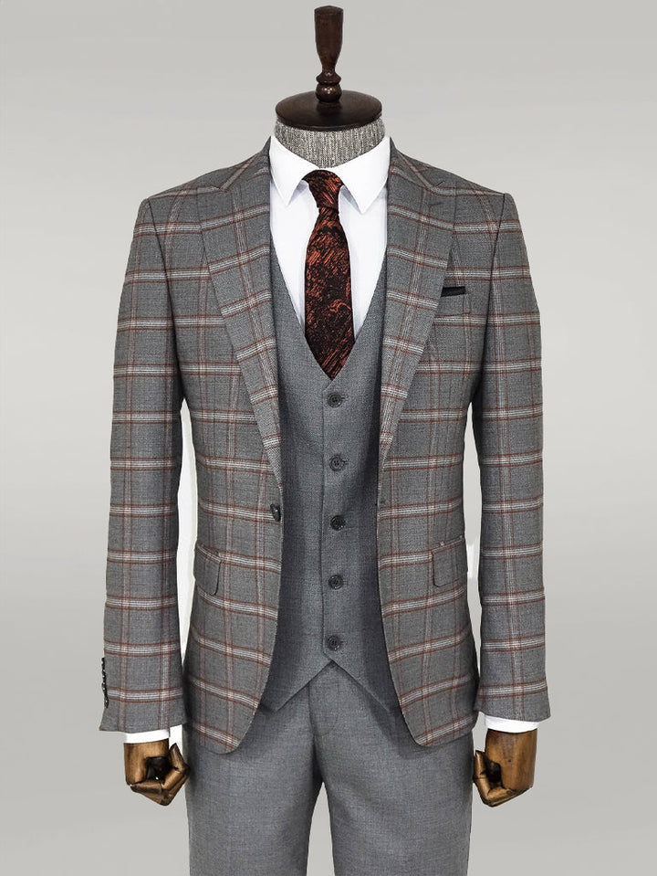 WSS Checked Patterned Grey Slim Fit Suit  - Singen