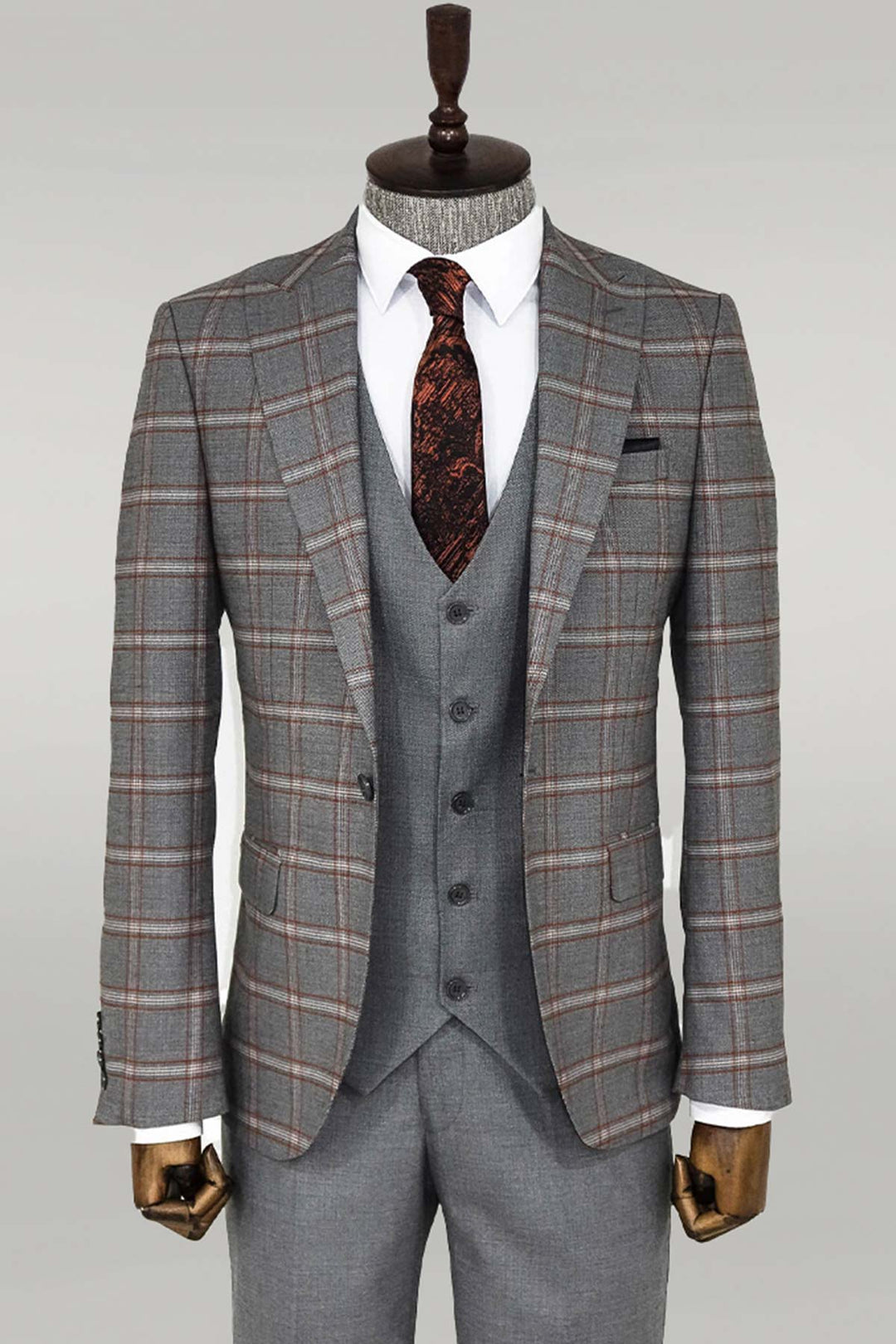 WSS Checked Patterned Grey Slim Fit Suit  - Singen