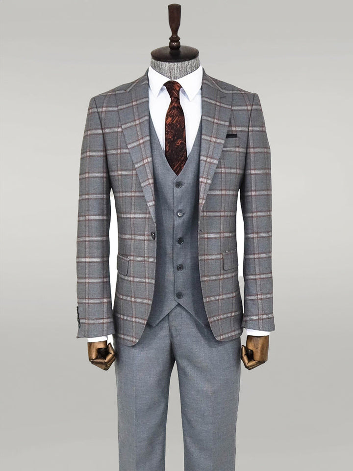 WSS Checked Patterned Grey Slim Fit Suit  - Singen