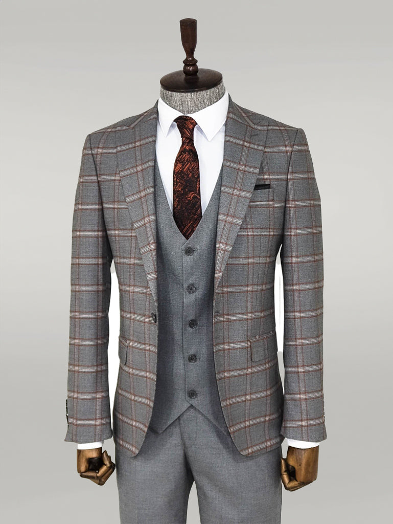 WSS Checked Patterned Grey Slim Fit Suit  - Singen