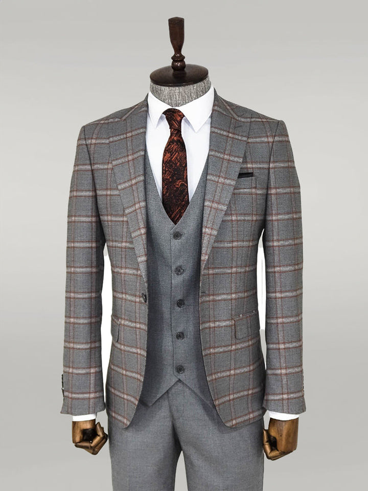 WSS Checked Patterned Grey Slim Fit Suit  - Singen