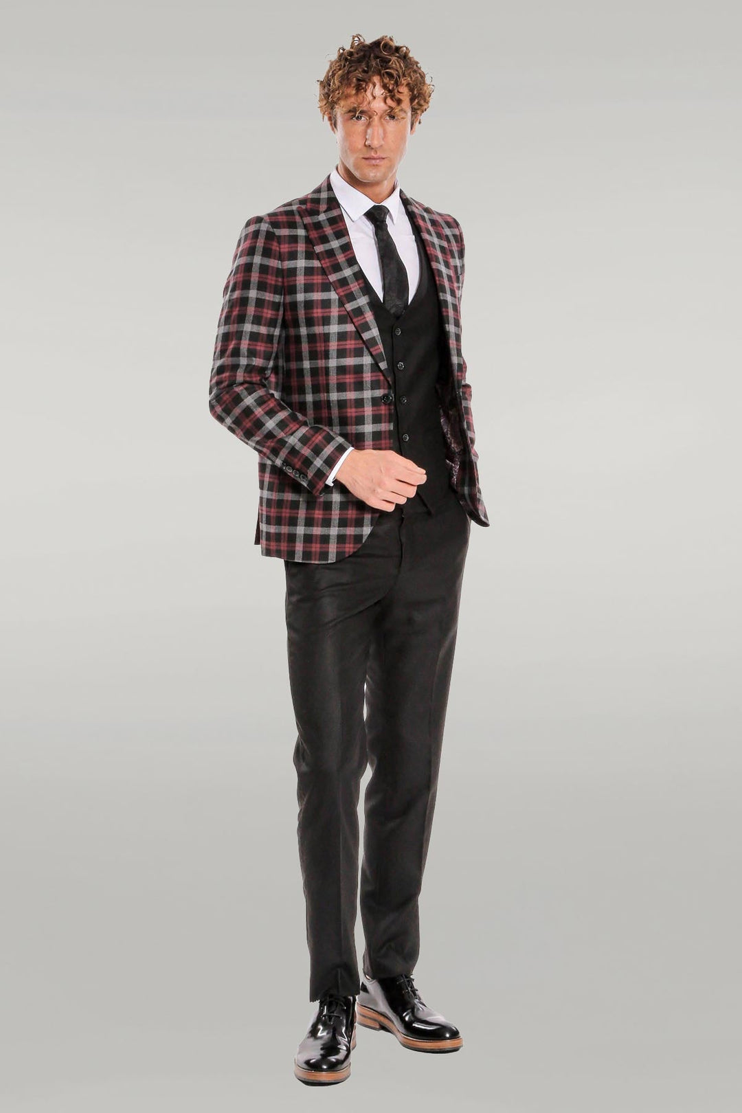 WSS Burgundy Checked Blazer Slim Fit Black Men Suit  - Singen