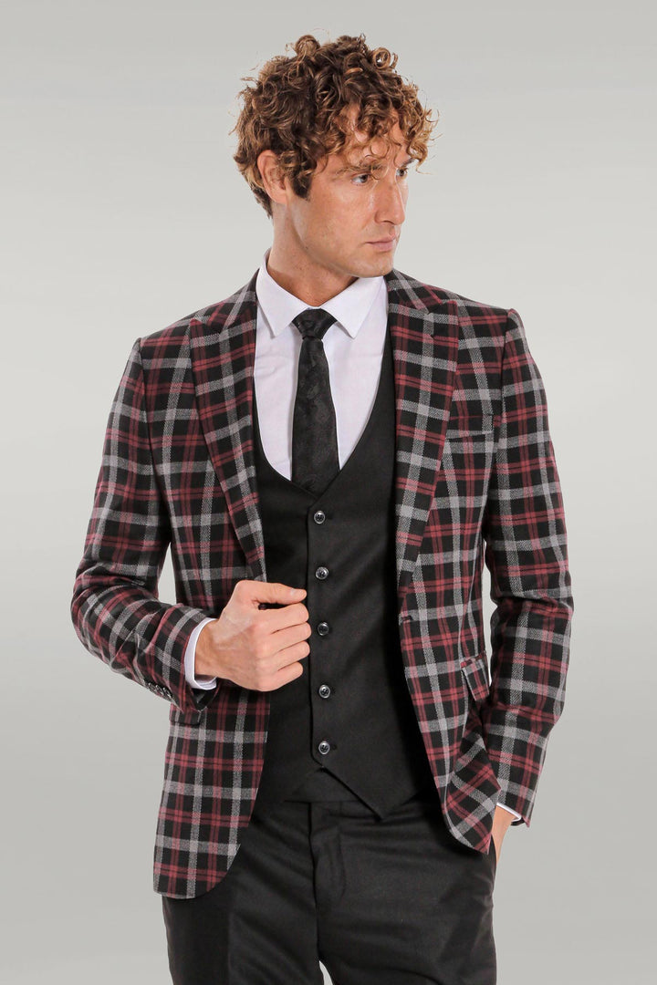 WSS Burgundy Checked Blazer Slim Fit Black Men Suit  - Singen