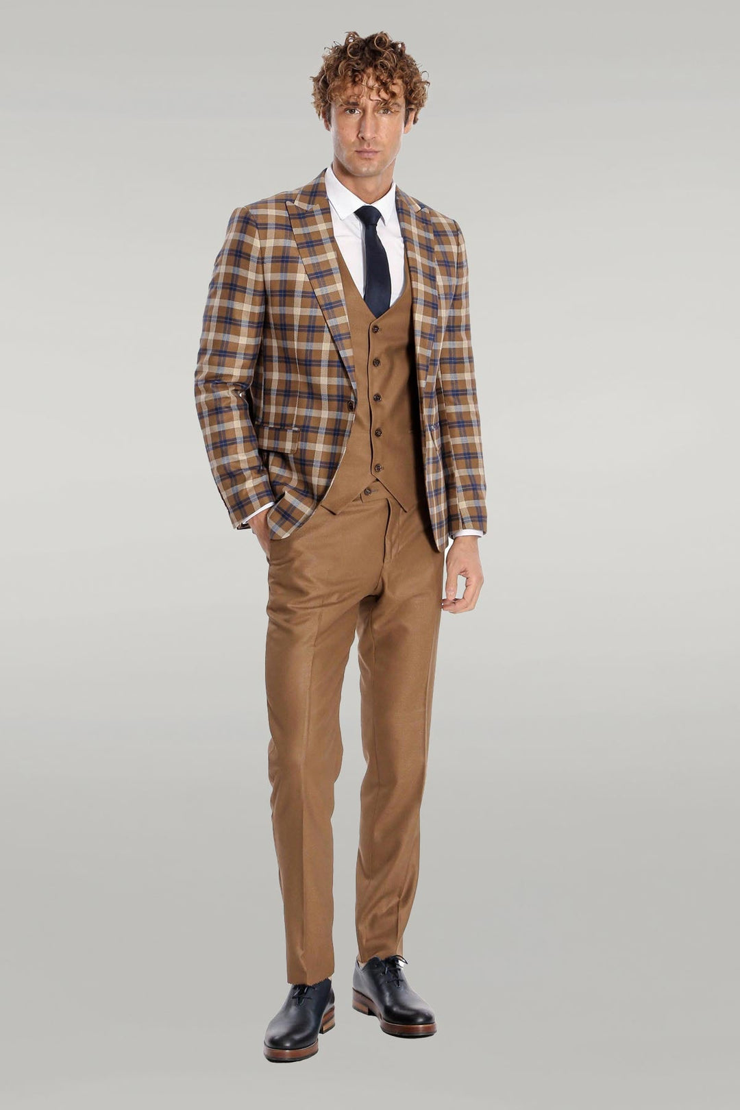 WSS Checked Slim Fit Brown Men Suit   - Singen