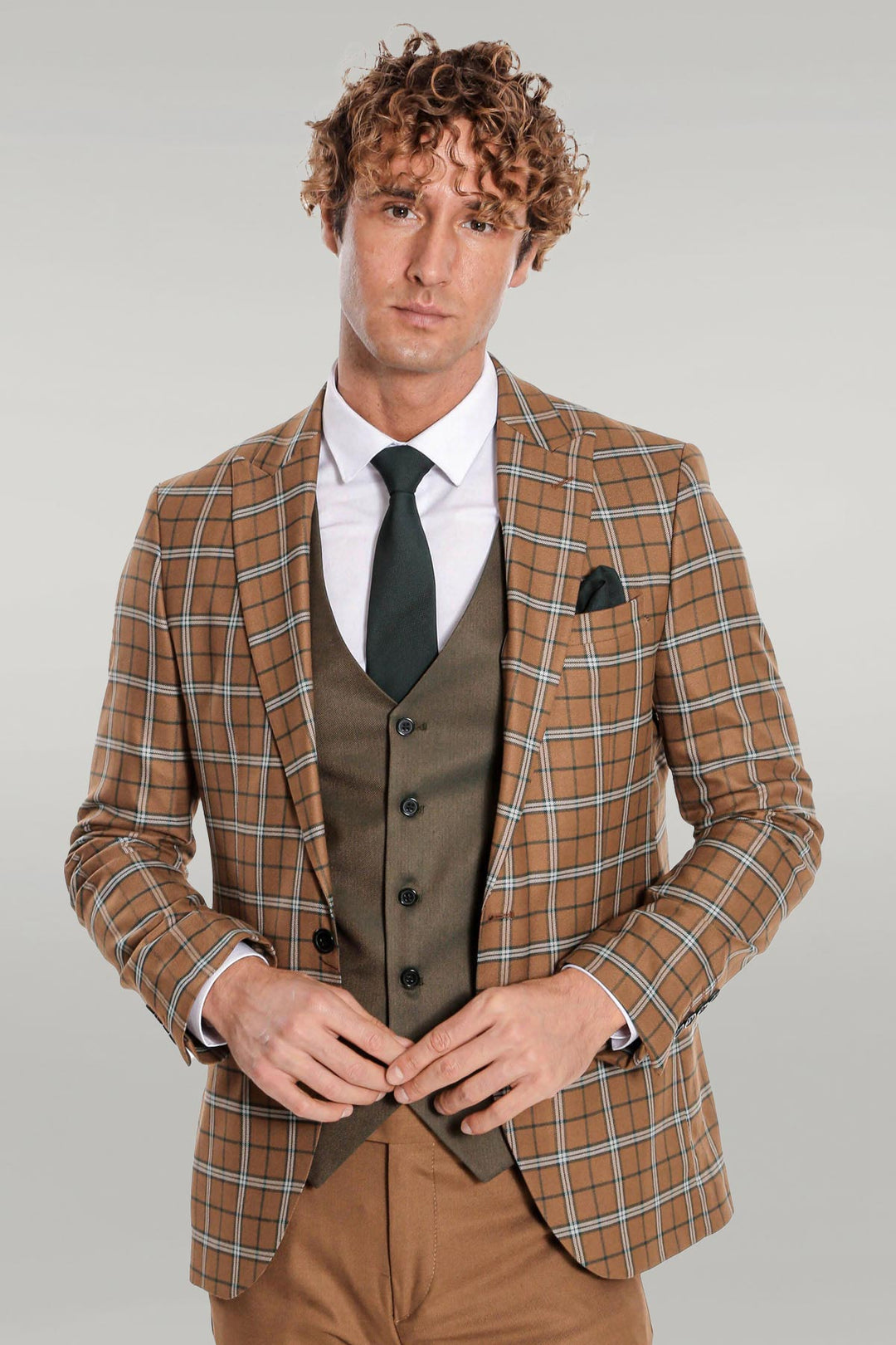 WSS Brown Vested Slim Fit Checked Tan Men Suit  - Singen