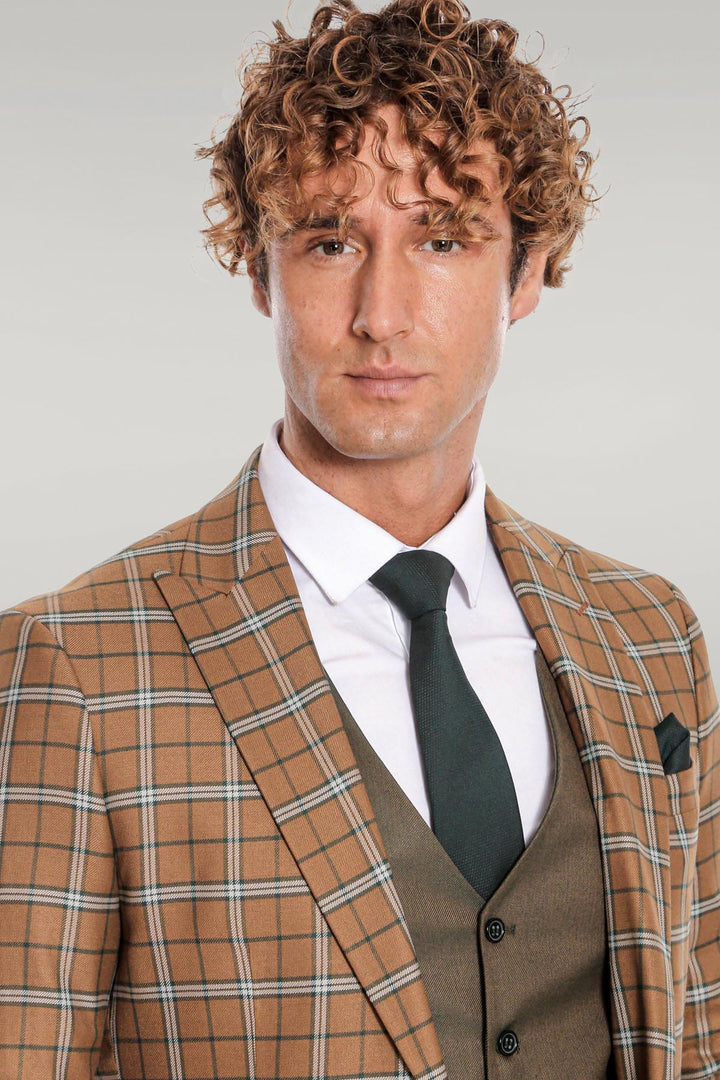 WSS Brown Vested Slim Fit Checked Tan Men Suit  - Singen