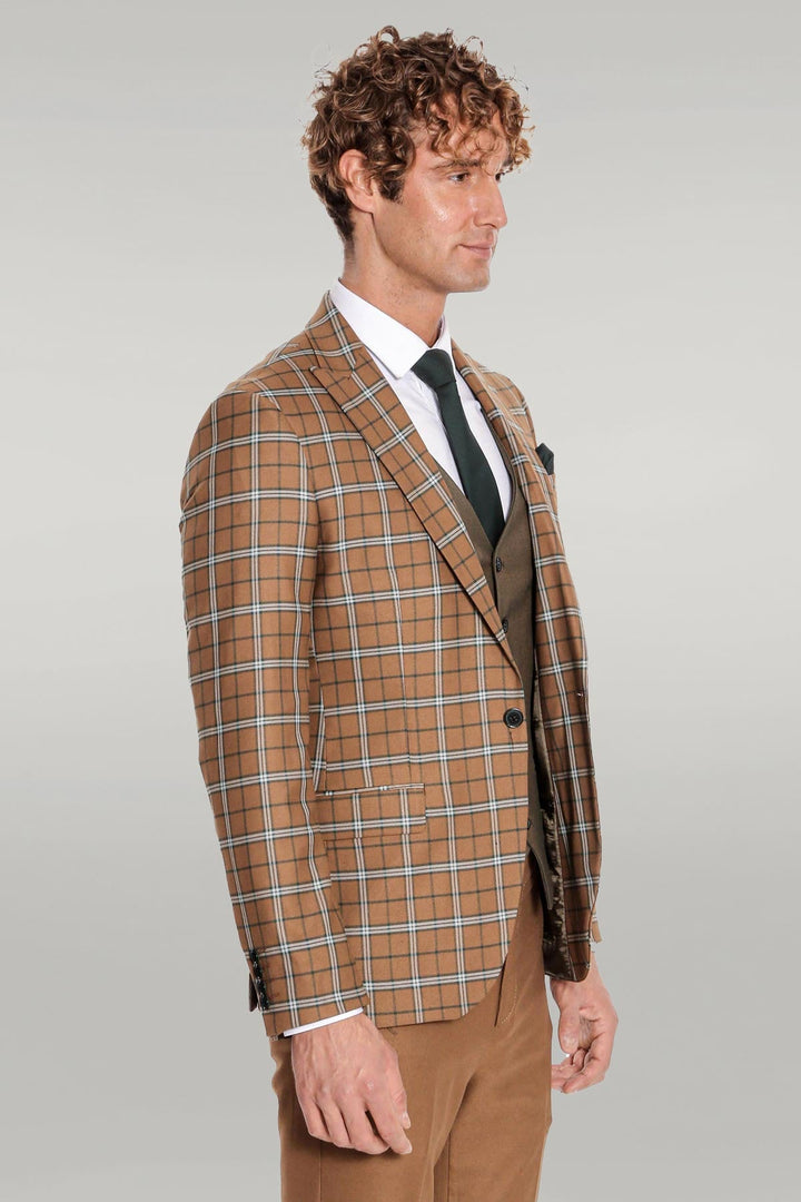 WSS Brown Vested Slim Fit Checked Tan Men Suit  - Singen