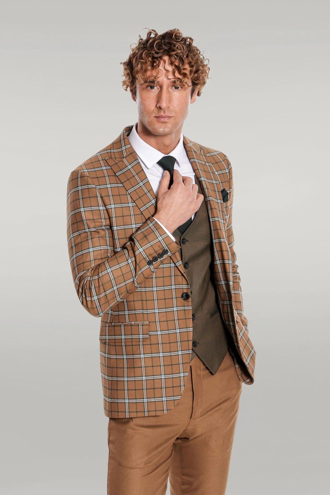 WSS Brown Vested Slim Fit Checked Tan Men Suit  - Singen