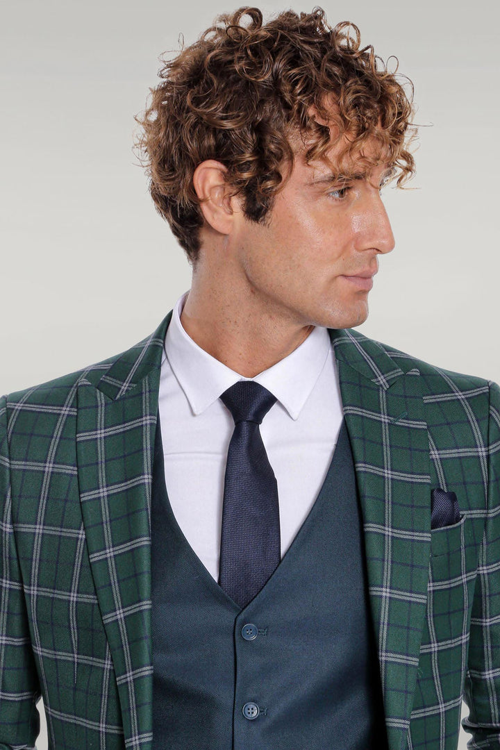 WSS Blue Vested Slim Fit Checked Green Men Suit  - Singen