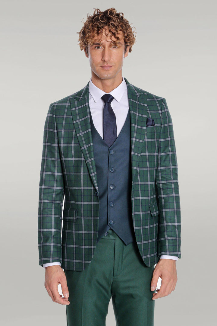 WSS Blue Vested Slim Fit Checked Green Men Suit  - Singen