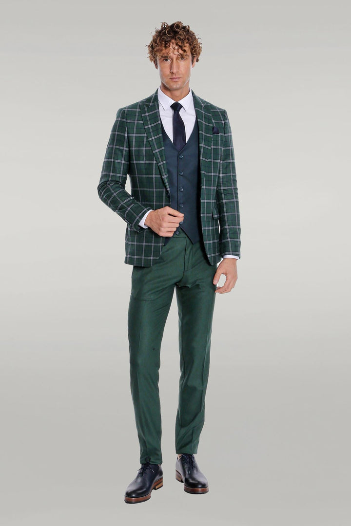 WSS Blue Vested Slim Fit Checked Green Men Suit  - Singen