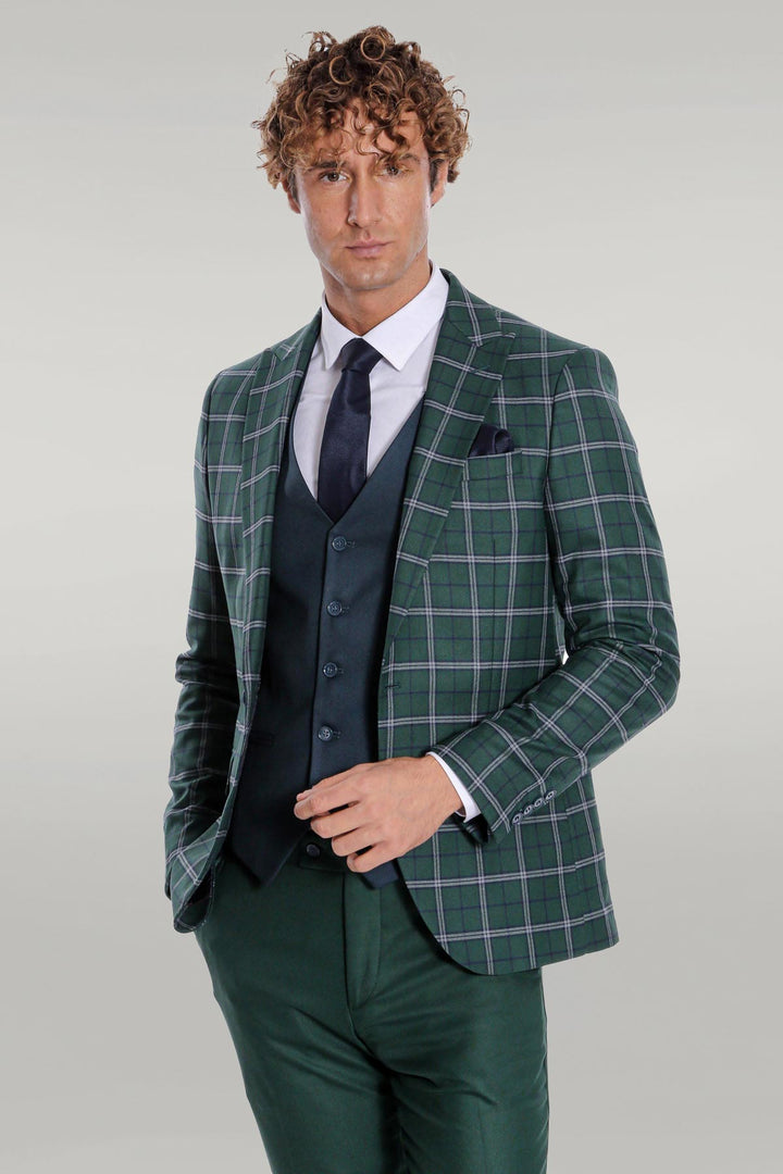 WSS Blue Vested Slim Fit Checked Green Men Suit  - Singen