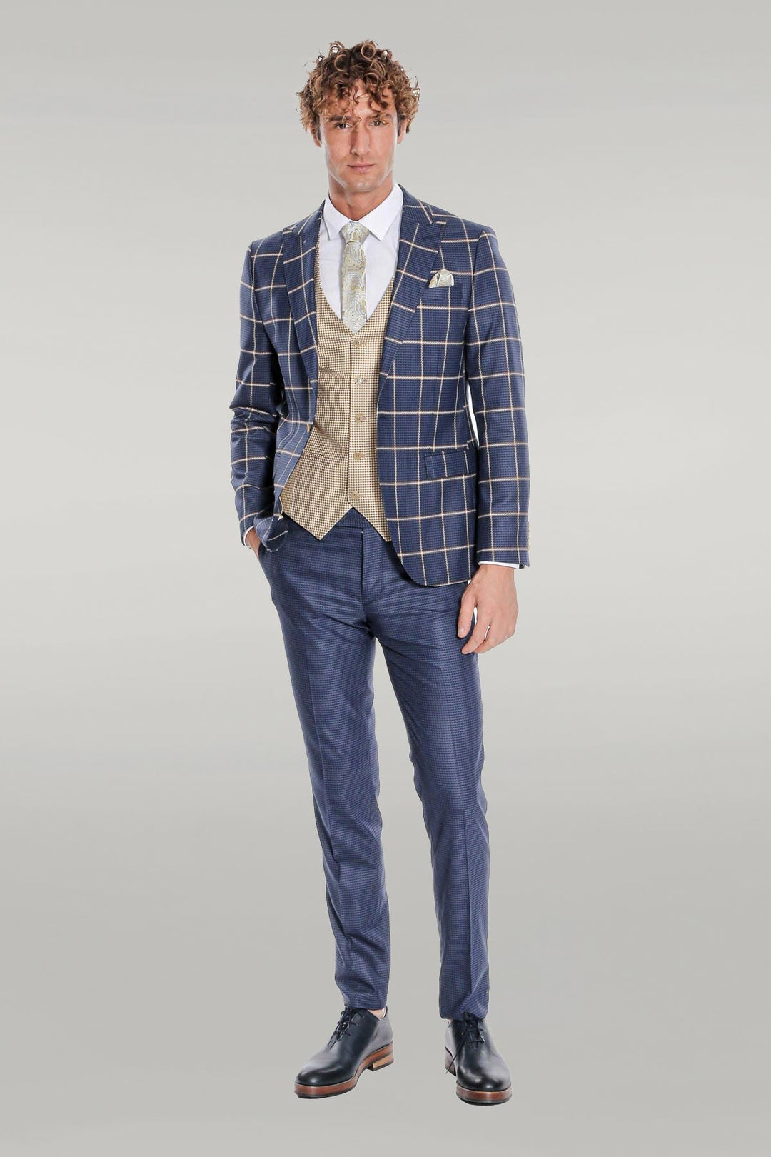 WSS Checked Patterned Slim Fit Navy Blue Men Suit  - Singen