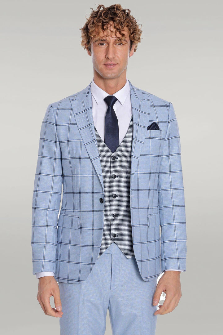 WSS Checked Patterned Slim Fit Light Blue Men Suit  - Singen