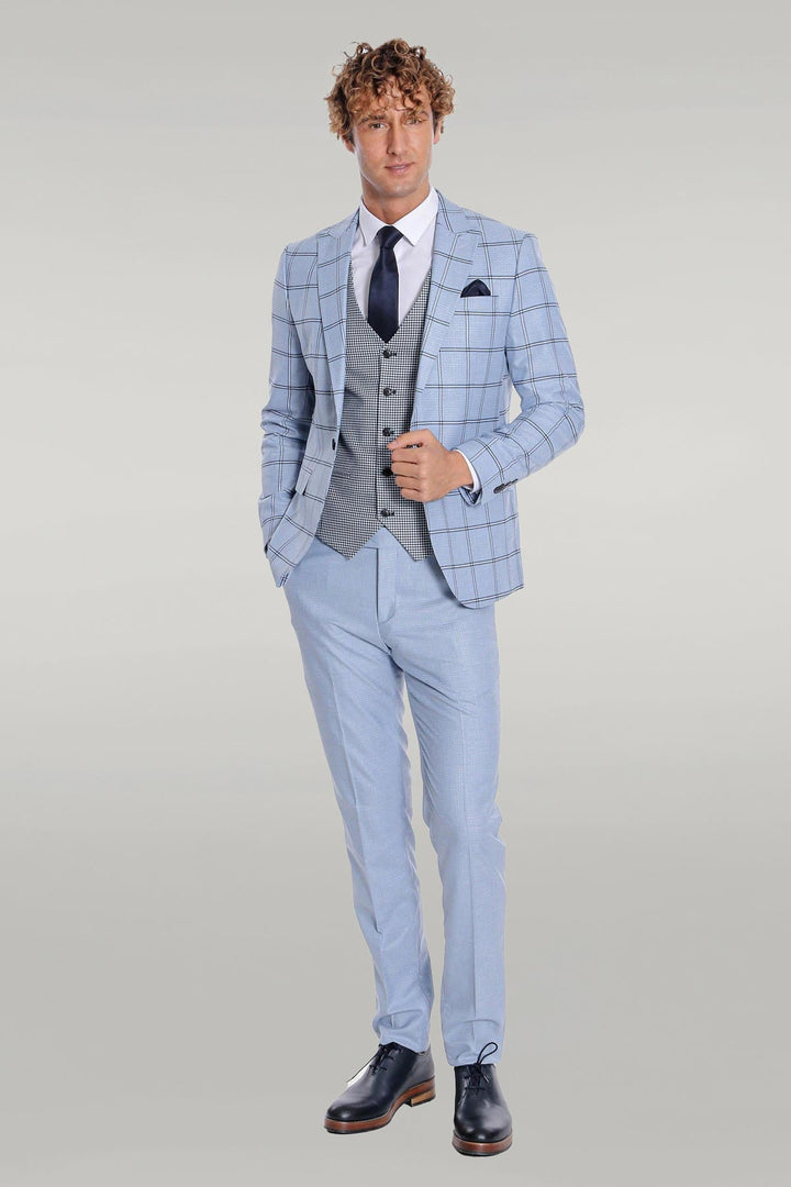 WSS Checked Patterned Slim Fit Light Blue Men Suit  - Singen