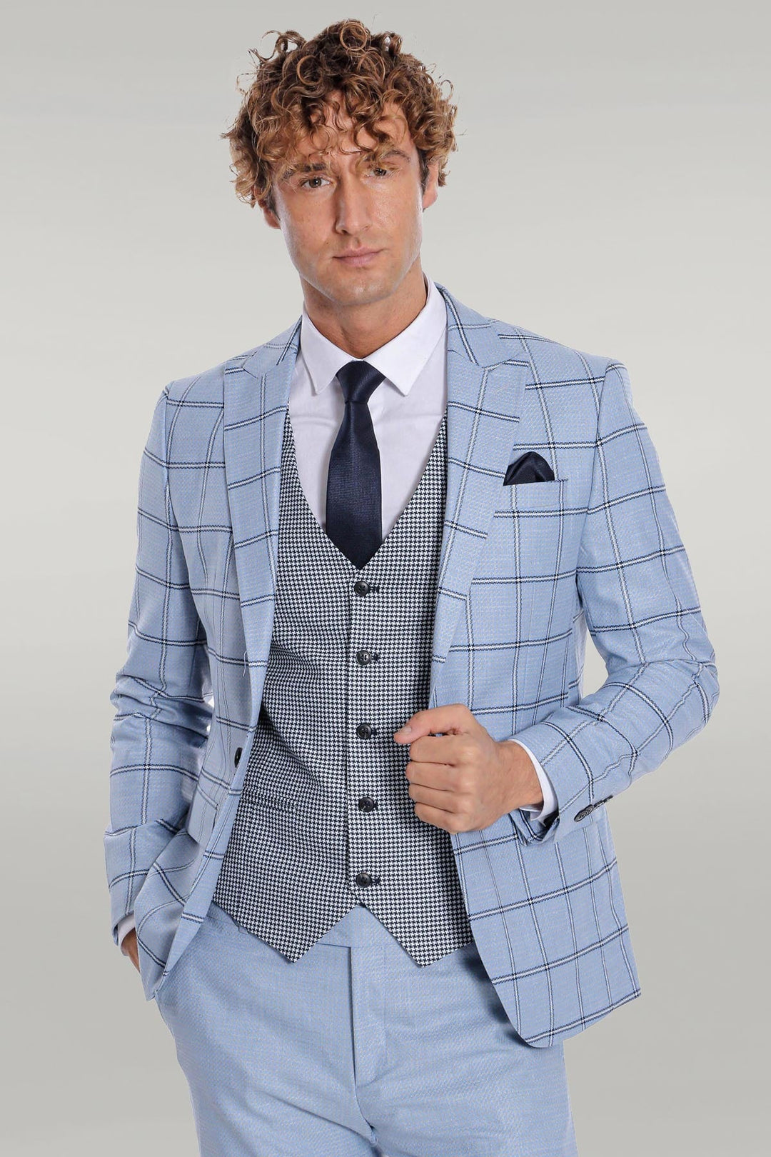 WSS Checked Patterned Slim Fit Light Blue Men Suit  - Singen