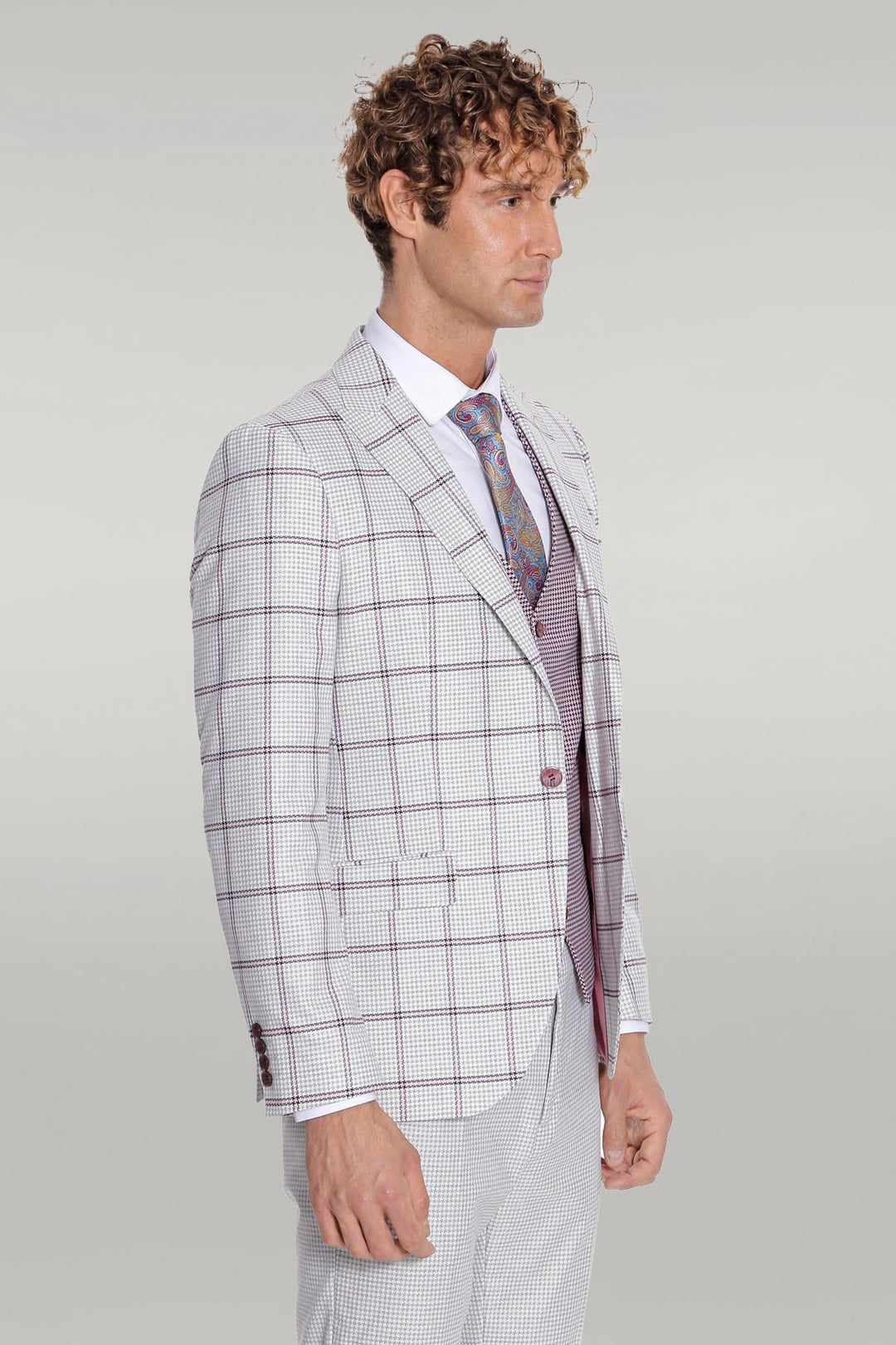 WSS Checked Patterned Vested Light Grey Men Suit  - Singen