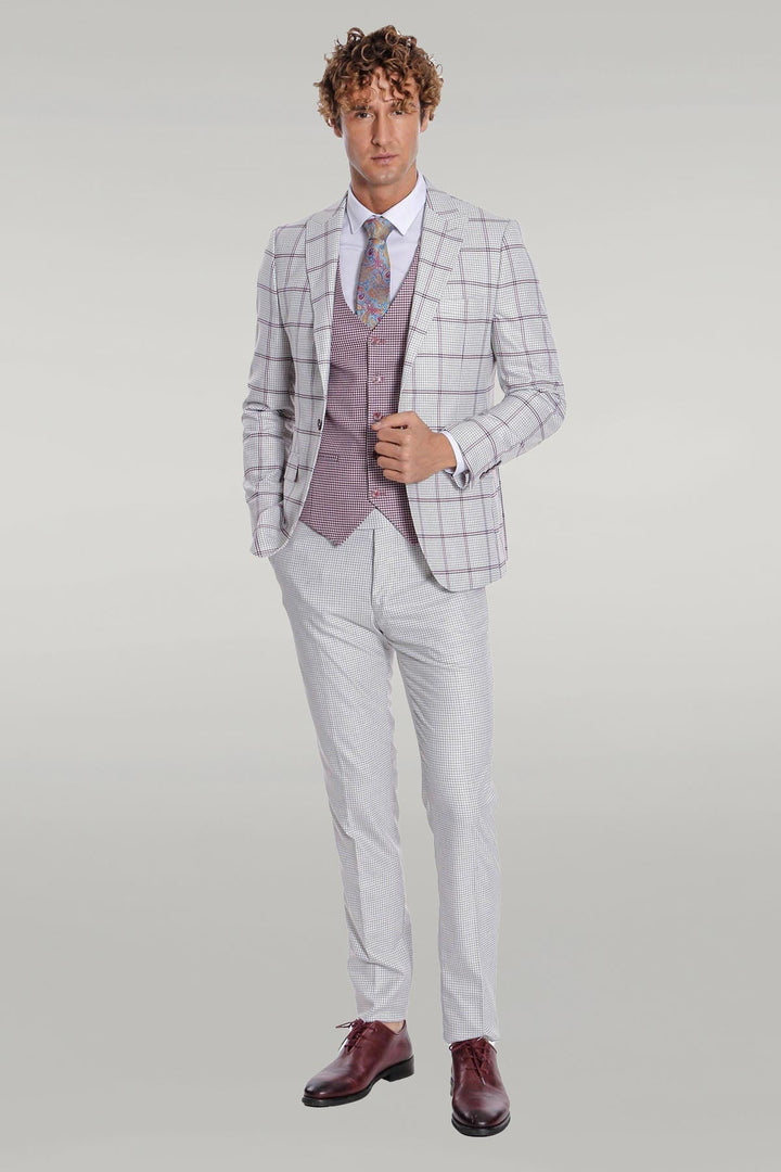 WSS Checked Patterned Vested Light Grey Men Suit  - Singen