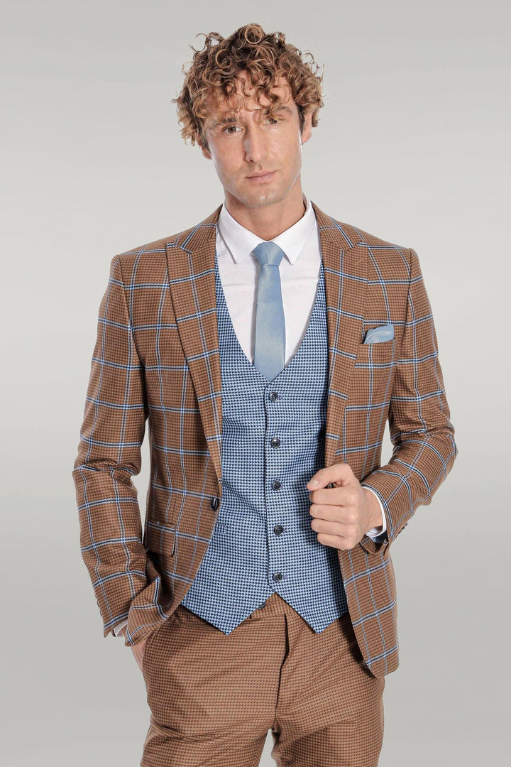 WSS Checked Patterned Slim Fit Brown Men Suit  - Singen