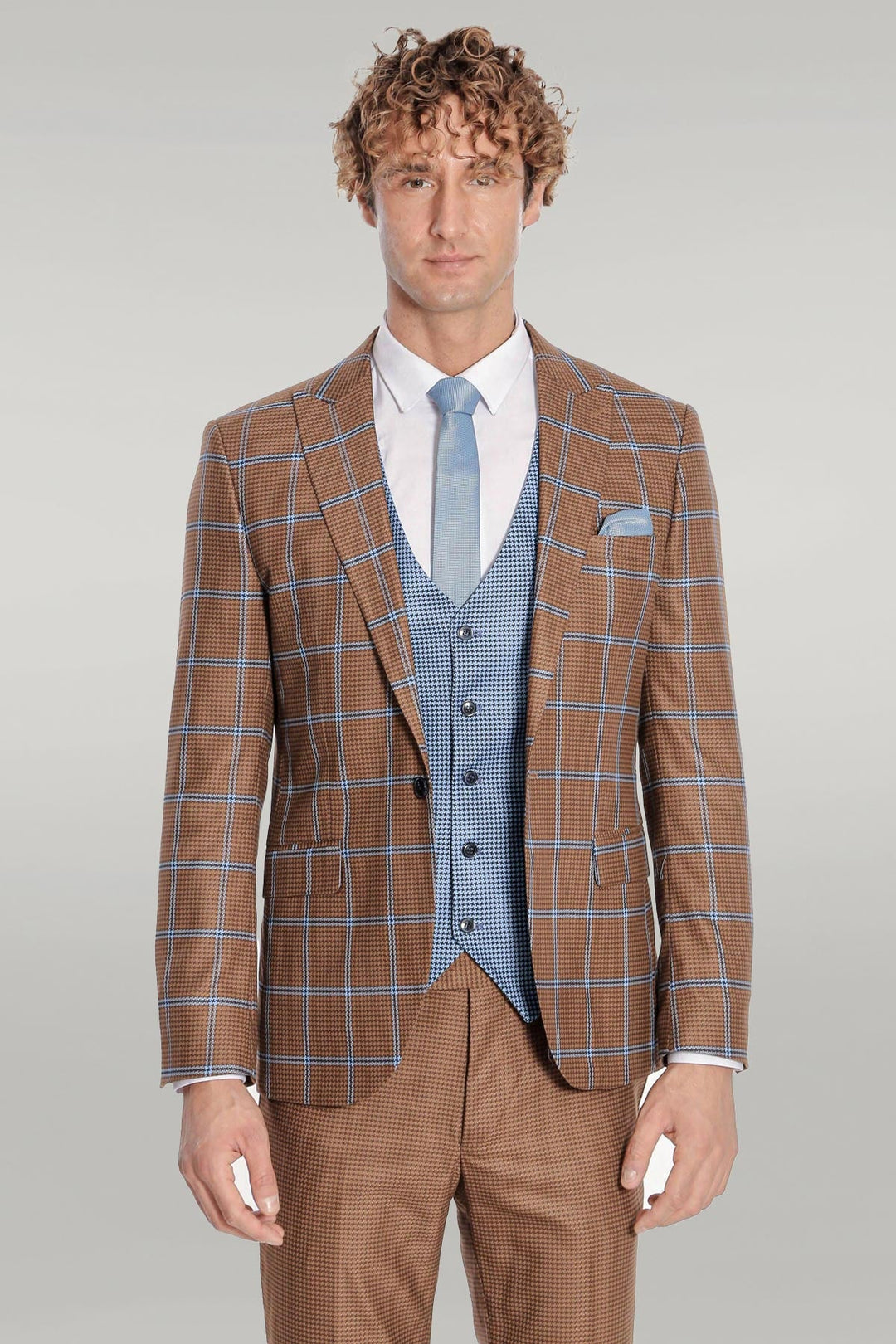 WSS Checked Patterned Slim Fit Brown Men Suit  - Singen