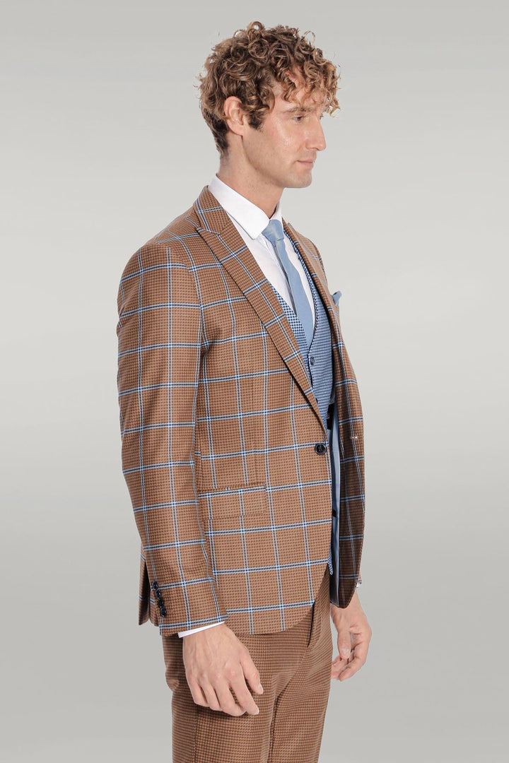 WSS Checked Patterned Slim Fit Brown Men Suit  - Singen