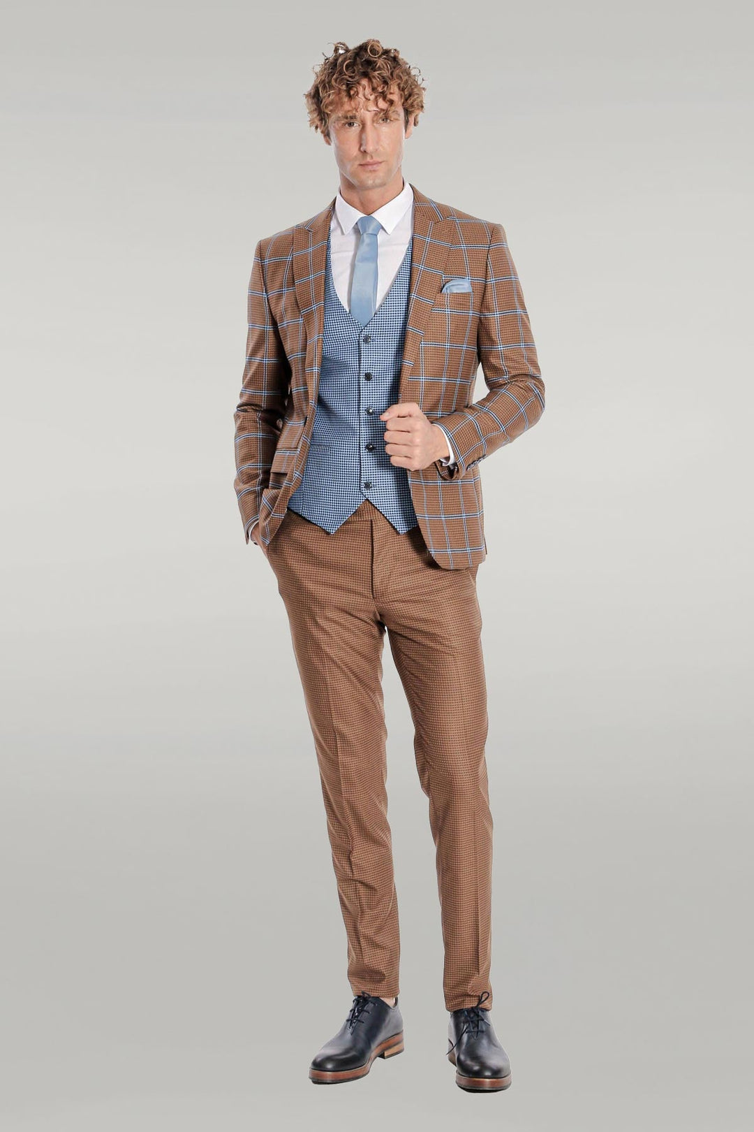 WSS Checked Patterned Slim Fit Brown Men Suit  - Singen