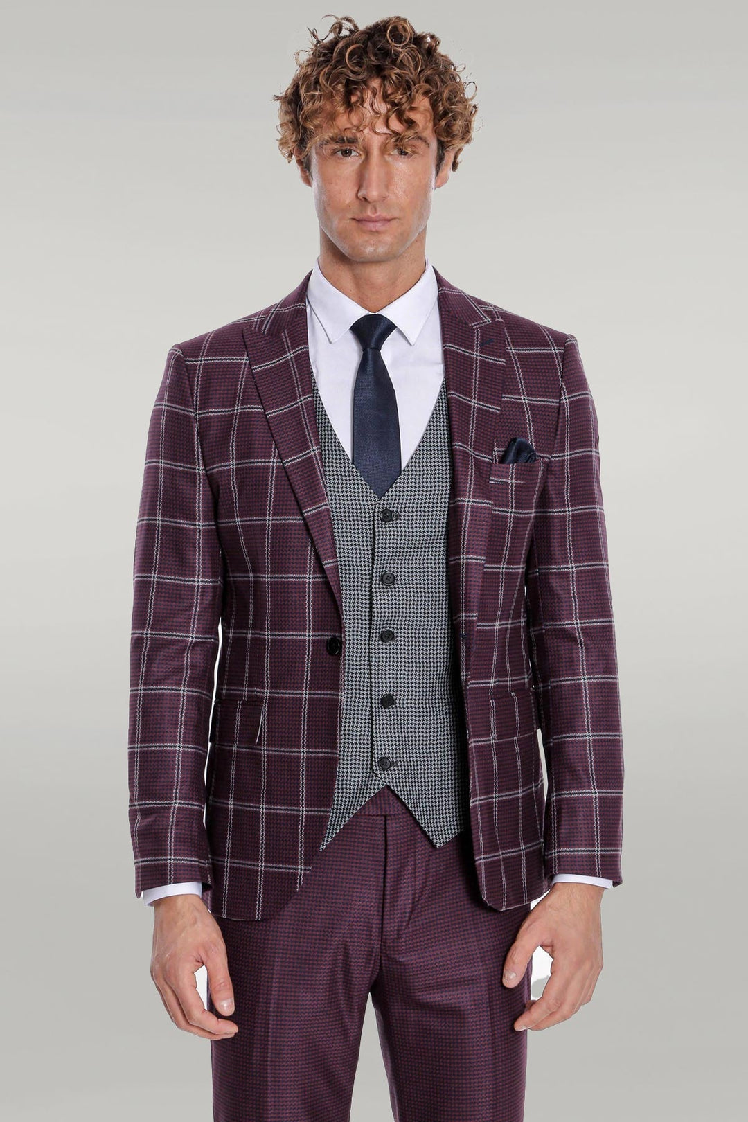 WSS Checked Patterned Slim Fit Burgundy Men Suit  - Singen