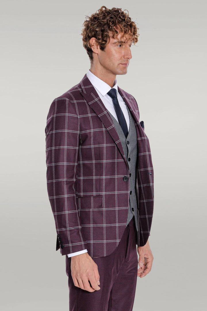 WSS Checked Patterned Slim Fit Burgundy Men Suit  - Singen