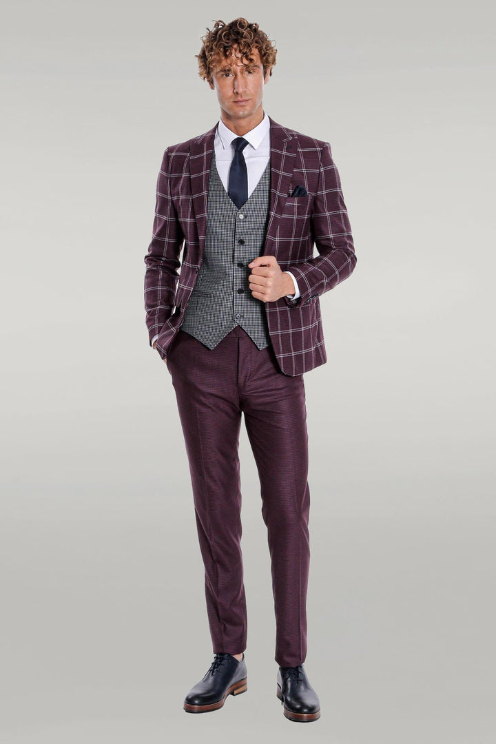 WSS Checked Patterned Slim Fit Burgundy Men Suit  - Singen