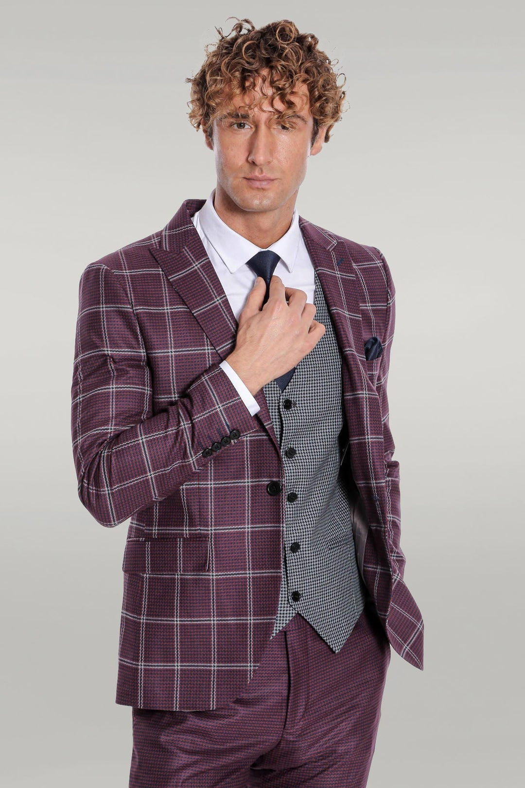 WSS Checked Patterned Slim Fit Burgundy Men Suit  - Singen