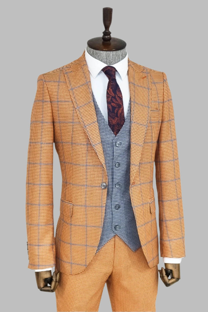 WSS Checked Patterned Slim Fit Orange Men Suit  - Singen