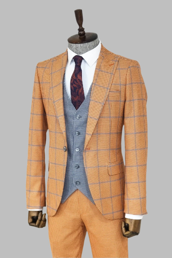 WSS Checked Patterned Slim Fit Orange Men Suit  - Singen