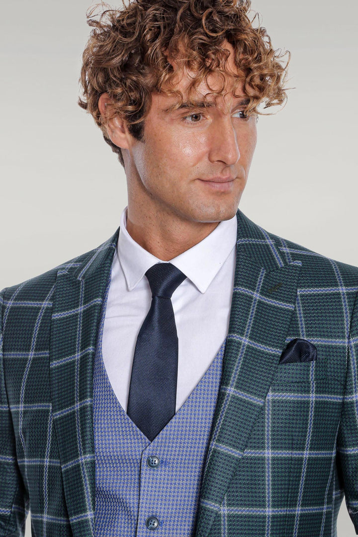 WSS Checked Patterned Slim Fit Green Men Suit  - Singen