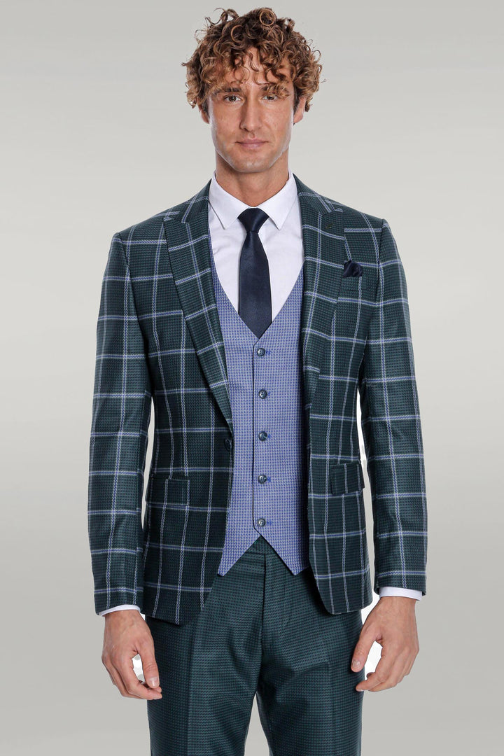 WSS Checked Patterned Slim Fit Green Men Suit  - Singen