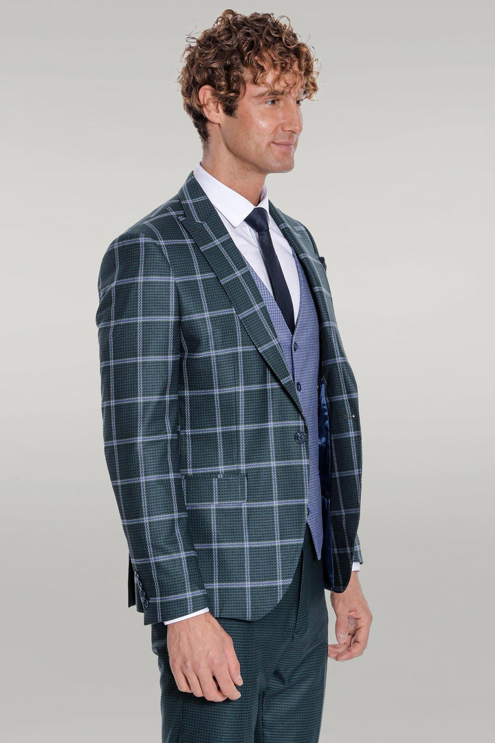 WSS Checked Patterned Slim Fit Green Men Suit  - Singen