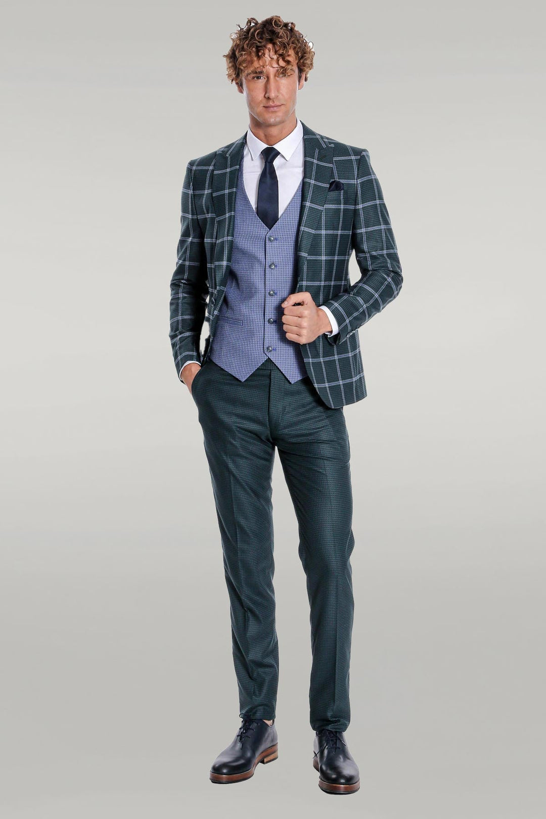 WSS Checked Patterned Slim Fit Green Men Suit  - Singen