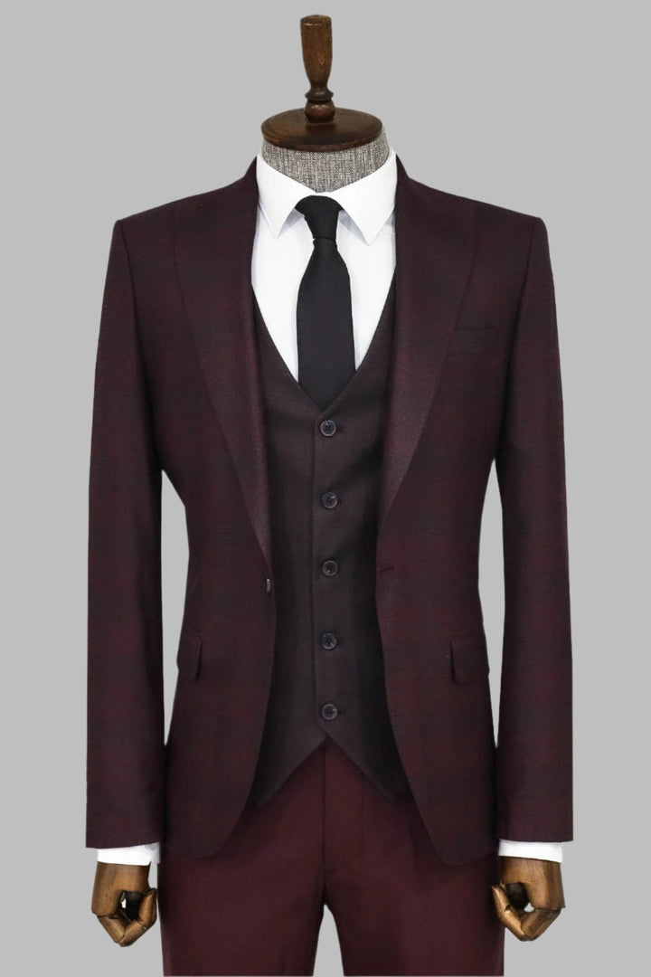 WSS Slim Fit Checked Burgundy Men Suit  - Singen