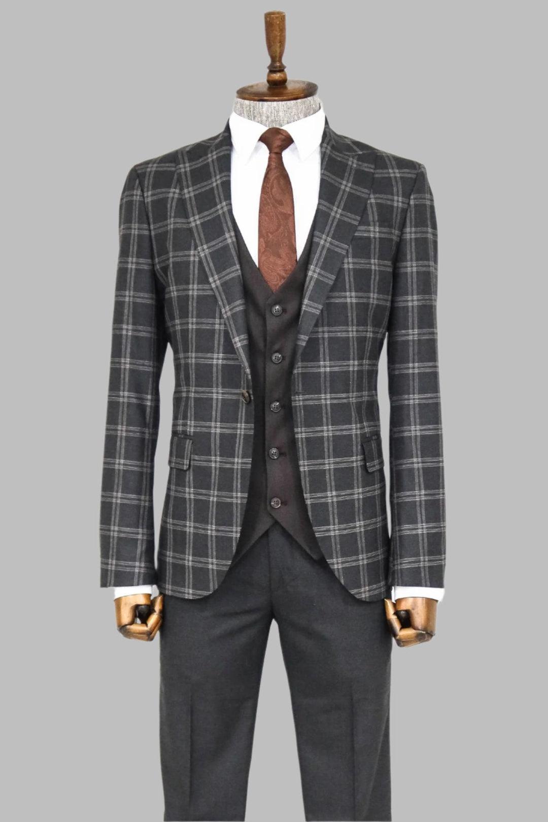 WSS Checked Patterned Slim Fit Black Men Suit  - Singen