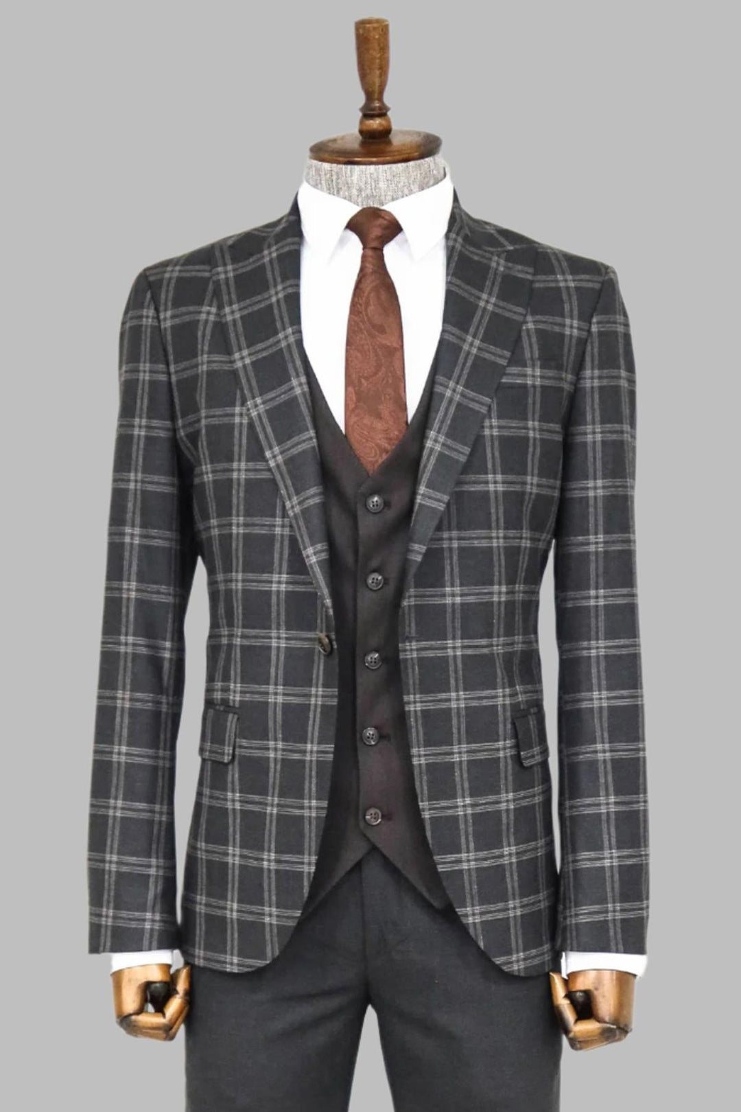 WSS Checked Patterned Slim Fit Black Men Suit  - Singen