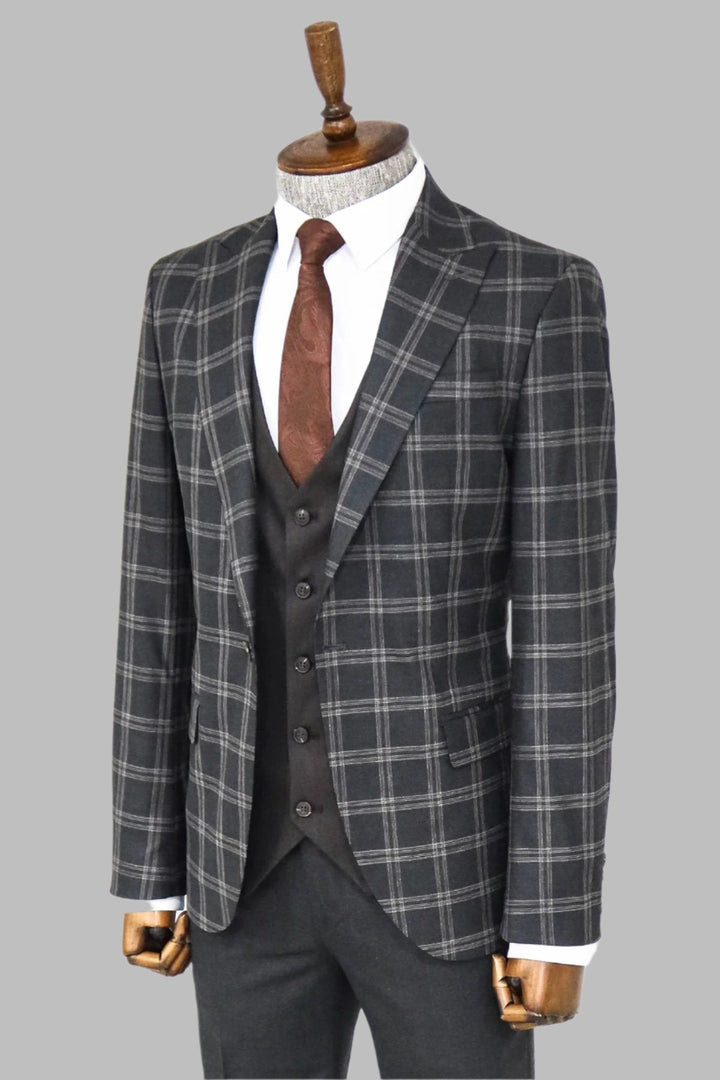 WSS Checked Patterned Slim Fit Black Men Suit  - Singen