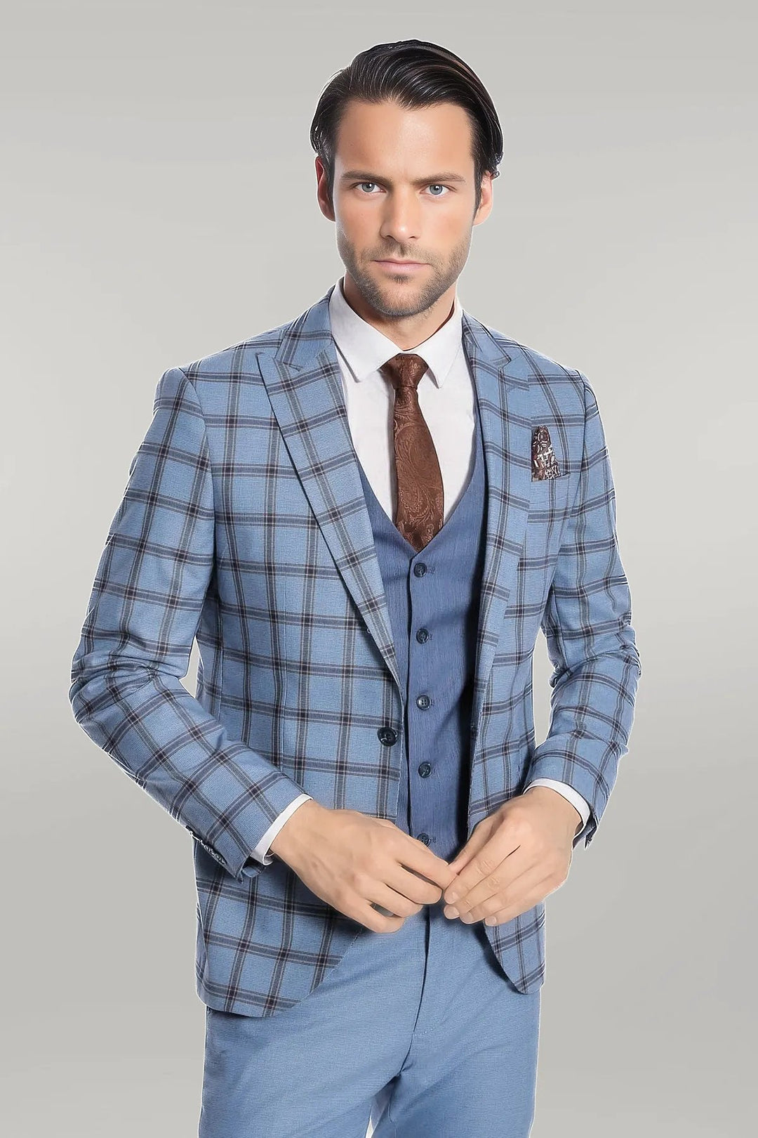 WSS Checked Patterned Slim Fit Blue Men Suit  - Singen