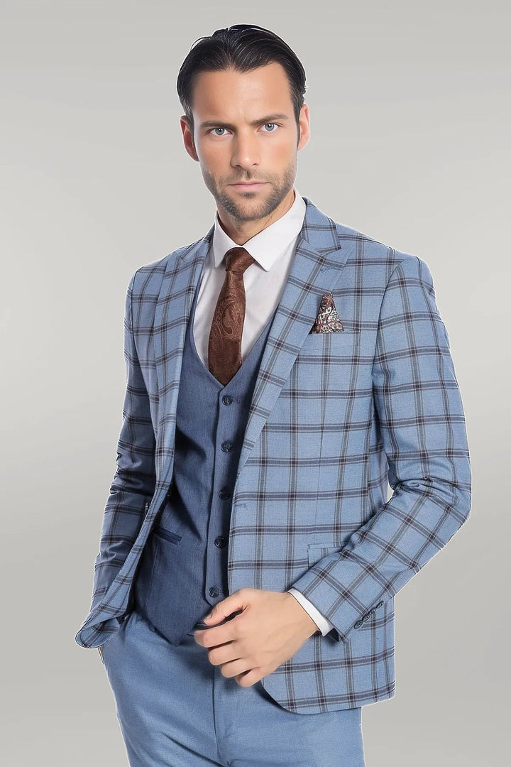 WSS Checked Patterned Slim Fit Blue Men Suit  - Singen