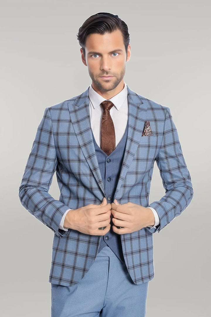 WSS Checked Patterned Slim Fit Blue Men Suit  - Singen