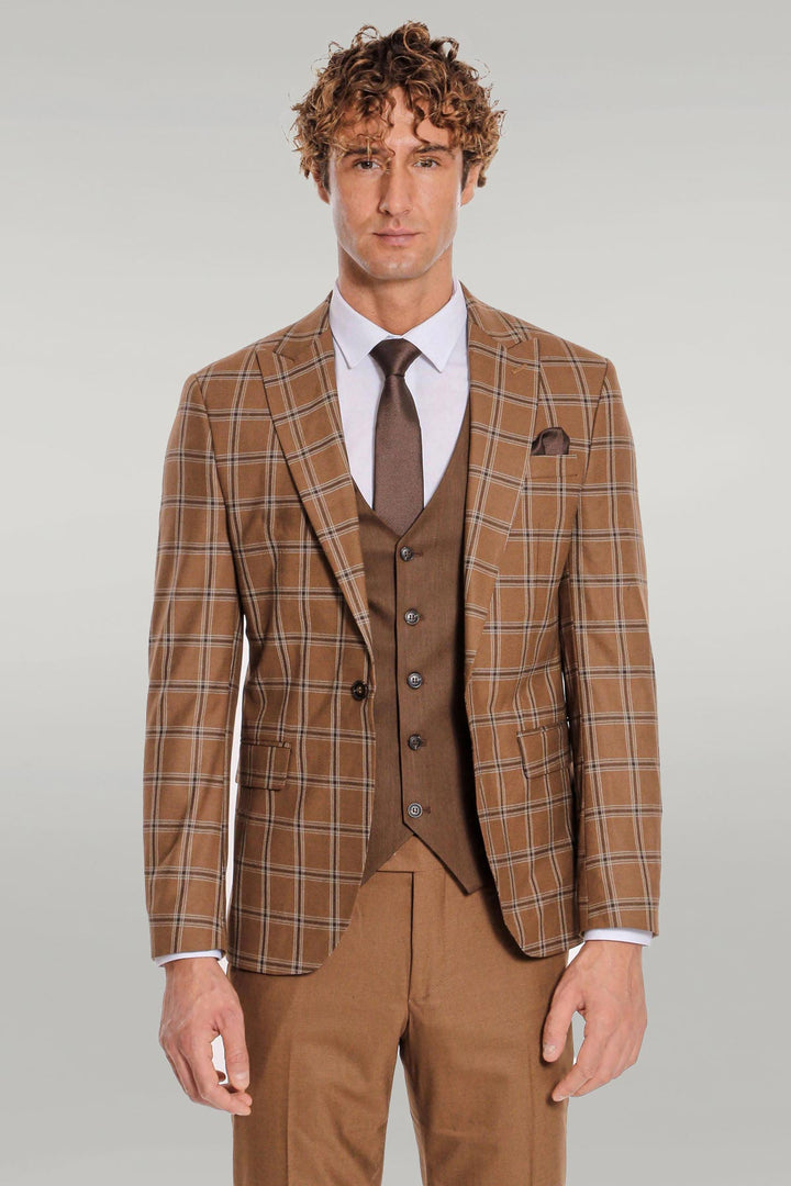 WSS Checked Patterned Slim Fit Brown Men Suit  - Singen