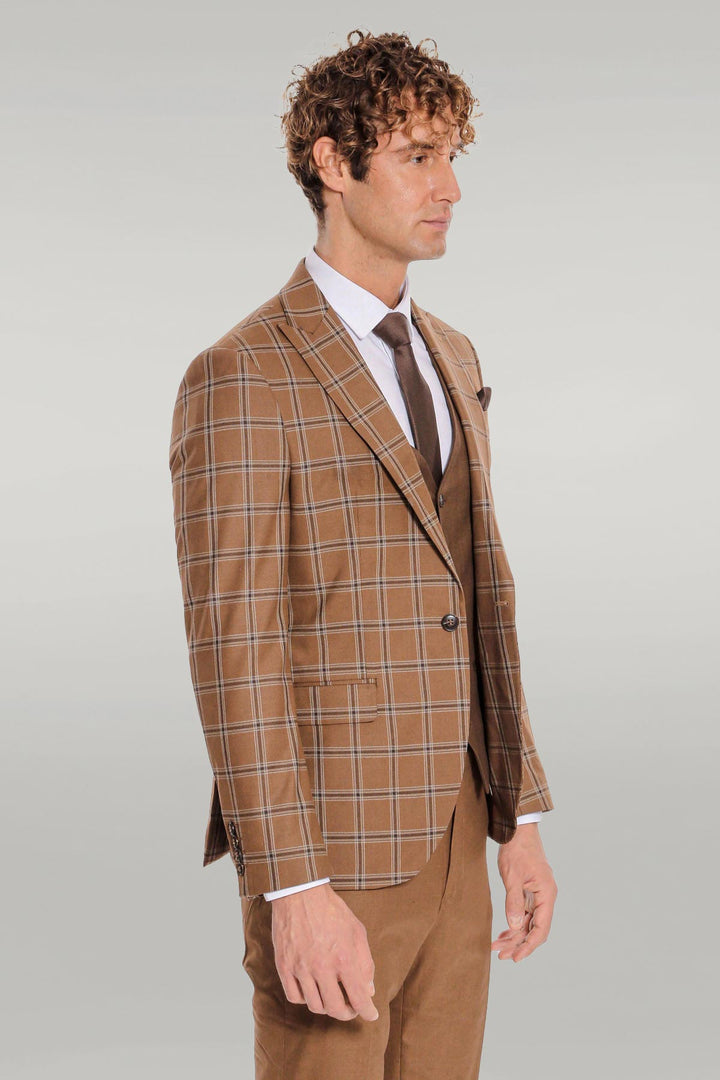 WSS Checked Patterned Slim Fit Brown Men Suit  - Singen